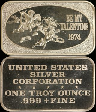 1974 1oz.  999 Silver Vintage Art Bar - Be My Valentine - Ussc