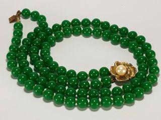 Vintage Art Deco Jade Green Czech Peking Glass Bead Necklace 2 Strand Knotted