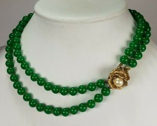 Vintage Art Deco Jade Green Czech Peking Glass Bead Necklace 2 Strand Knotted 2