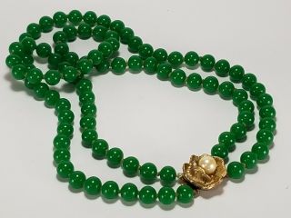 Vintage Art Deco Jade Green Czech Peking Glass Bead Necklace 2 Strand Knotted 3