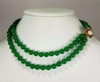Vintage Art Deco Jade Green Czech Peking Glass Bead Necklace 2 Strand Knotted 4