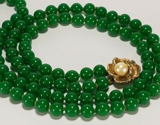 Vintage Art Deco Jade Green Czech Peking Glass Bead Necklace 2 Strand Knotted 5