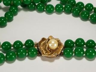 Vintage Art Deco Jade Green Czech Peking Glass Bead Necklace 2 Strand Knotted 6