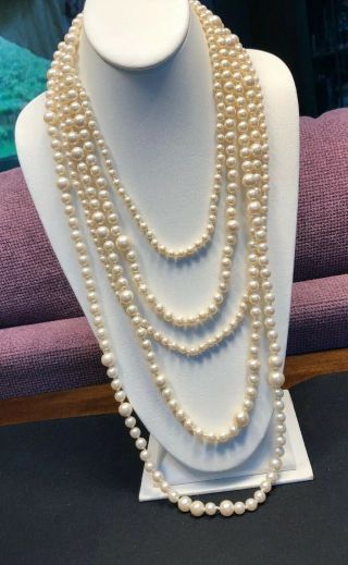 Vintage Signed J Crew 36 “ Hand Knotted 5 Strand Opera Pearl Strand Necklace