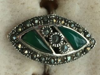 Elegant Vintage Sterling Silver Marcasite And Jade Ring Size 6 ½.
