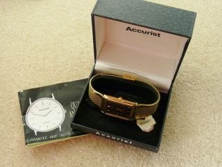 Vintage Accurist Gold Plated Quartz Gents Bracelet Wristwatch Box & Booklet Vgc