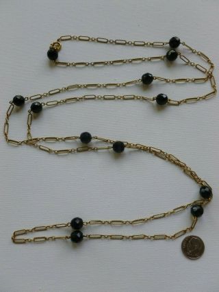 Vintage Long Gold Tone Chain Black Glass Bead Flapper Necklace