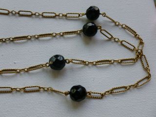 Vintage Long Gold Tone Chain Black Glass Bead Flapper Necklace 5