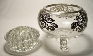 VIKING Vintage 2 - Pc Glass FLOWER FROG HOLDER w/Silver Overlay Floral Designs 4