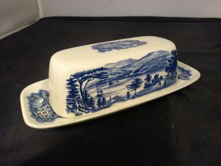 Vintage Liberty Blue Staffordshire Covered Butter Dish Lafayette West Point