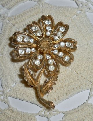 Vintage Coro Signed Flower Brooch Pin Clear Rhinestone Textured Gold - Tone