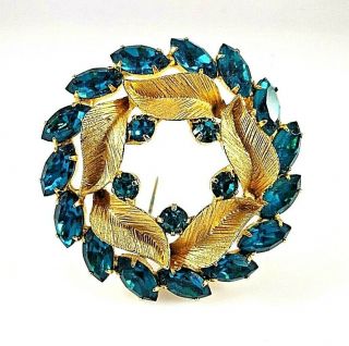 Vintage Weiss Wreath Leaves W Blue Green Rhinestones Brooch / Pin