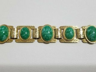 Vintage Embossed Gold Tone Marbled Jade Green Glass Cabochon Link Bracelet