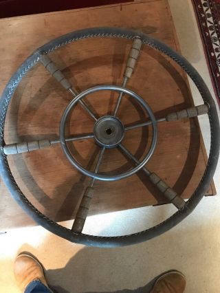 Vintage Boat Steering Wheel Chrome 6 Stoke /wooden 17.  25 Round Bpm 1000