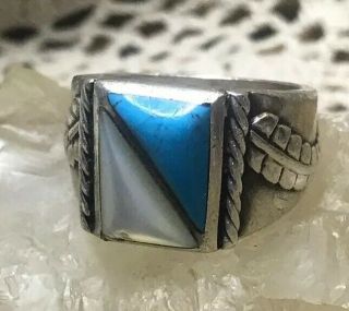 Vintage Native American Sterling Silver Turquoise Mother - Of Pearl Ring Size 7.  5