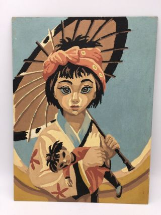 Mcm Paint By Number Painting Asian Girl Big Eyes Vintage Mid Century Art 12 X 9