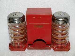Old Vintage Glass Salt And Pepper Shakers Set With Match Stick Holder Red
