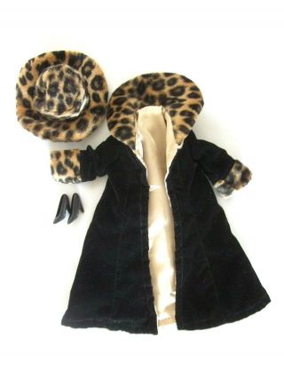 Vintage Barbie Black Velvet Coat Leopard Trim Hat Heels Limited Edition 1990s