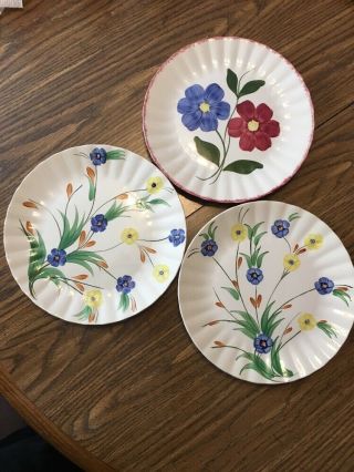 3 Vintage Blue Ridge Southern Potteries Usa Hand - Painted 10” Dinner Plates