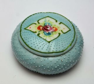 Vintage Hobnail Style Hand Painted Flowers Blue Ceramic Rounded Trinket Box