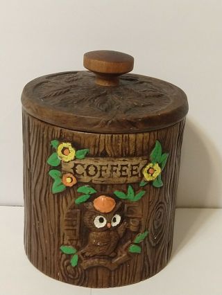 Treasure Craft Owl Coffee Canister Vintage 1960s 1970s Made In Usa