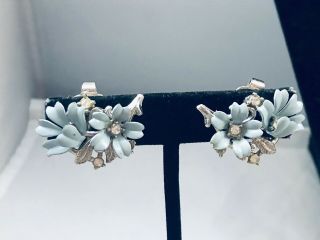 Vtg.  Crown Trifari Blue Carved Lucite Rhinestone Flowers Clip On Earrings