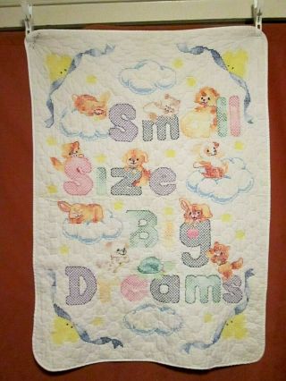 Vintage Cross Stitched Baby Quilt Blanket Puppies Kittens 26” X 36” Handmade