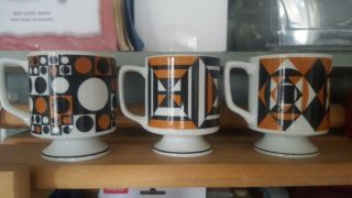 (3) Vintage Mid Century Ceramic Cofee Tea Geometric Mugs Made In Japan