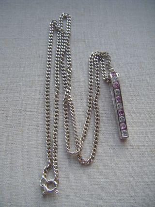 Vintage Sterling Silver Chain And Pendant Cz Clear And Pink Stones.  Marked 925