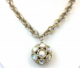 Vintage Necklace Iridescent Rhinestone Pendant Etched Chain Link Designer Sarah