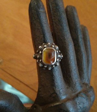 Stunning Vintage Sterling Silver And Amber Modernist Ring Sz 4