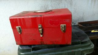 Vintage Stack - On Red Metal Toolbox Shop Machine Fishing