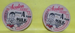 2 Vintage Bottle Cap 1 - 3/4 " Avalon Dairy Hickman Mills Mo.  Grade A Raw Milk