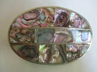 Vintage Mid Century Mother Of Pearl Abalone Silver Tone Belt Buckle Oval Mexico