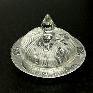 Vintage Iris & Herringbone Covered Butter Dish Jeannette Clear Crystal Glass
