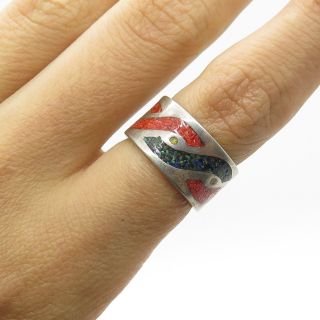 Mexico Vtg 925 Sterling Silver Real Turquoise Coral Gemstone Wide Tribal Ring 5