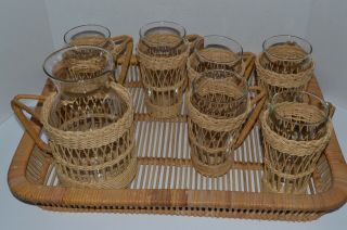 Vintage Wicker Tray And 8 Drinking Glasses With Glass Pitcher Wicker Handle Set