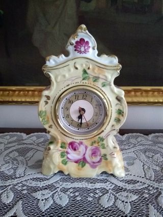 Sweet Mantle Shelf Clock China Shabby Chic Yellow Pink Rose Floral Vintage Style