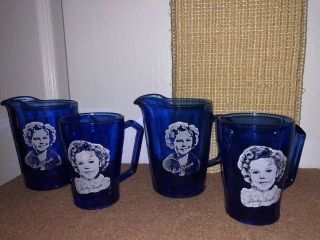 Vintage Shirley Temple Cobalt Blue 2 Glasses And 2 Pitchers 1930 
