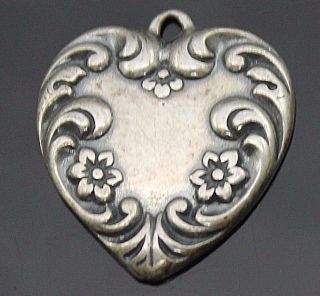 Hallmarked Vintage Repousse Swirl Flower Sterling Silver Heart Pendant / Charm