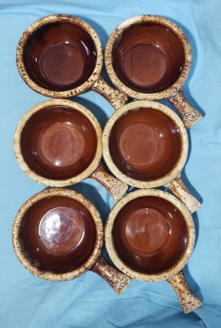 Set of 6 Vintage Hull Brown Drip Soup / Chili Bowls w Handles Oven - proof Pottery 3