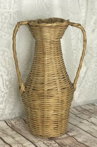 Vintage Wicker Rattan Planter Vase Tall Floor Display Handles Retro Bohemian