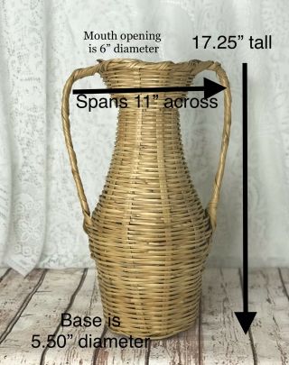 Vintage Wicker Rattan Planter Vase Tall Floor Display Handles Retro Bohemian 2