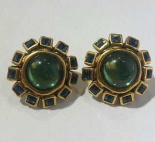 Vintage Emerald Color Stone Gold Tone Clip On Earrings