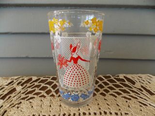 Vintage Clear Glass Tumbler Drinking Glass With Colorful Southern Bell & Flowers