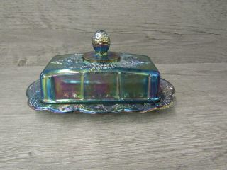 Vintage Blue Green Carnival Glass Butter Dish With Lid