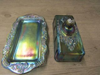 Vintage Blue Green Carnival Glass Butter Dish With Lid 2