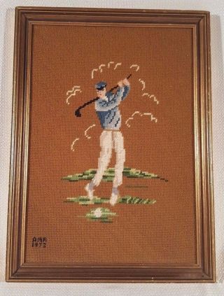 Vintage 1973 Golf Man Needlepoint Canvas Mounted In Frame Brown Background