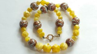 Czech Vintage Art Deco Aventurine Feather And Satin Yellow Glass Bead Necklace
