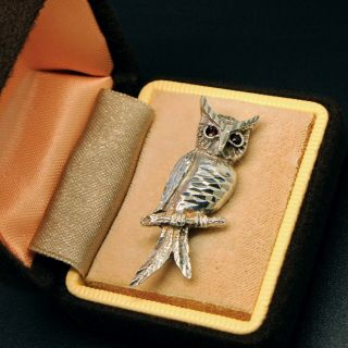 Vintage Jewellery Delightful Solid Silver Diamond Cut Garnet Owl Brooch Pin